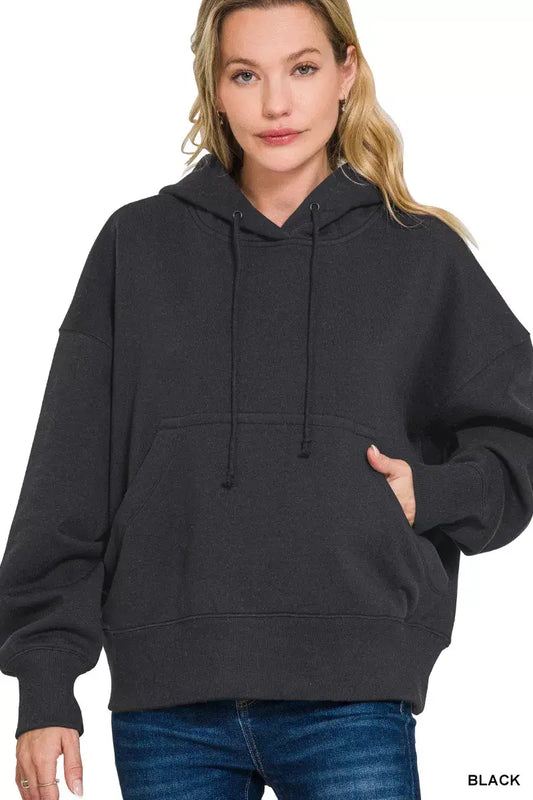 Zenana Oversized Fleece Kangaroo Pocket Hoodie - BLACK / S - Fleece Kangaroo Pocket Hoodie