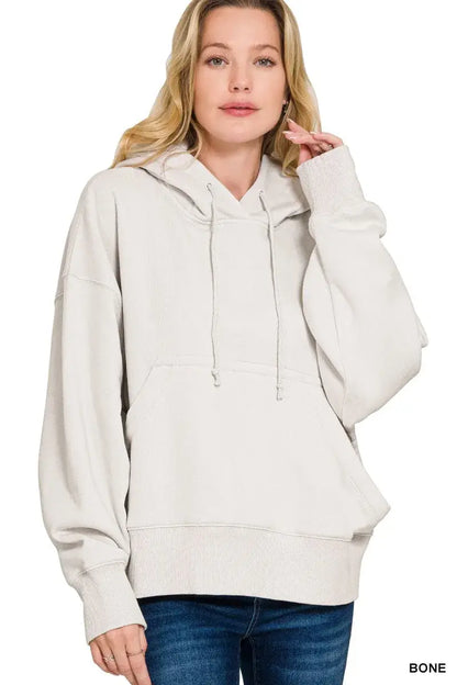 Zenana Oversized Fleece Kangaroo Pocket Hoodie - BONE / S - Fleece Kangaroo Pocket Hoodie