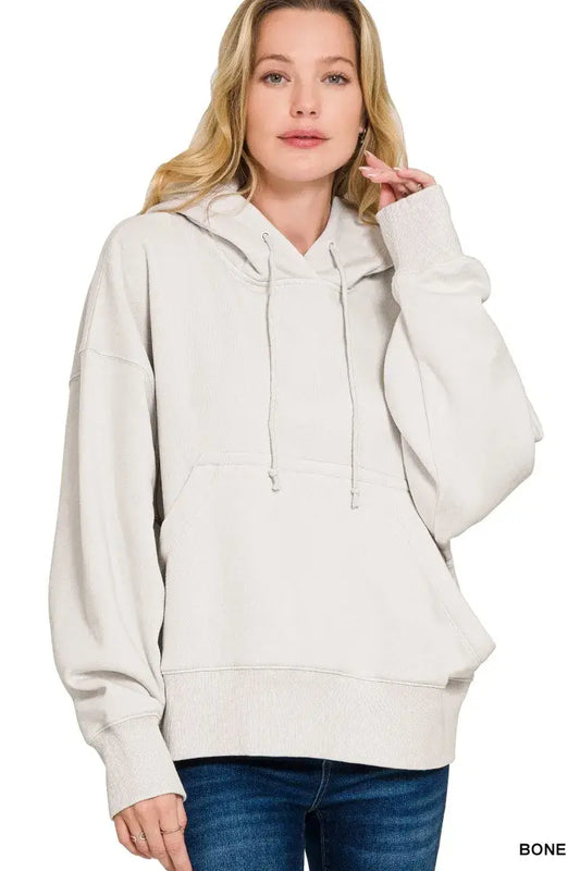 Zenana Oversized Fleece Kangaroo Pocket Hoodie - BONE / S - Fleece Kangaroo Pocket Hoodie