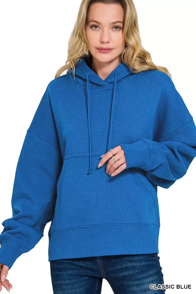 Zenana Oversized Fleece Kangaroo Pocket Hoodie - CLASSIC BLUE / S