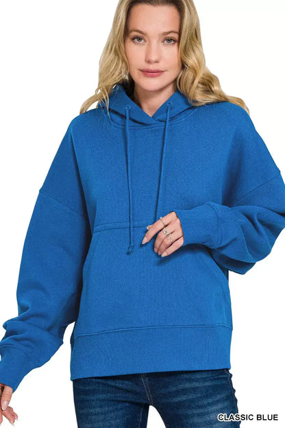 Zenana Oversized Fleece Kangaroo Pocket Hoodie - CLASSIC BLUE / S