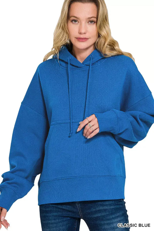 Zenana Oversized Fleece Kangaroo Pocket Hoodie - CLASSIC BLUE / S