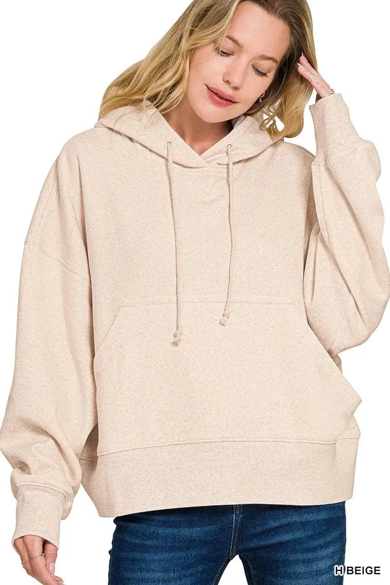 Zenana Oversized Fleece Kangaroo Pocket Hoodie - H BEIGE / S - Fleece Kangaroo Pocket Hoodie