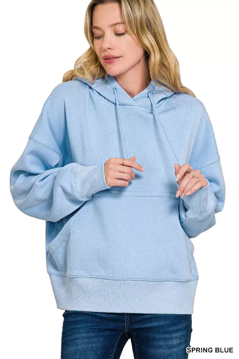 Zenana Oversized Fleece Kangaroo Pocket Hoodie - SPRING BLUE / S - Kangaroo Pocket Hoodie