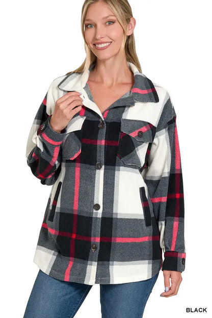 Zenana Oversized Plaid Fleece Shacket - BLACK / S