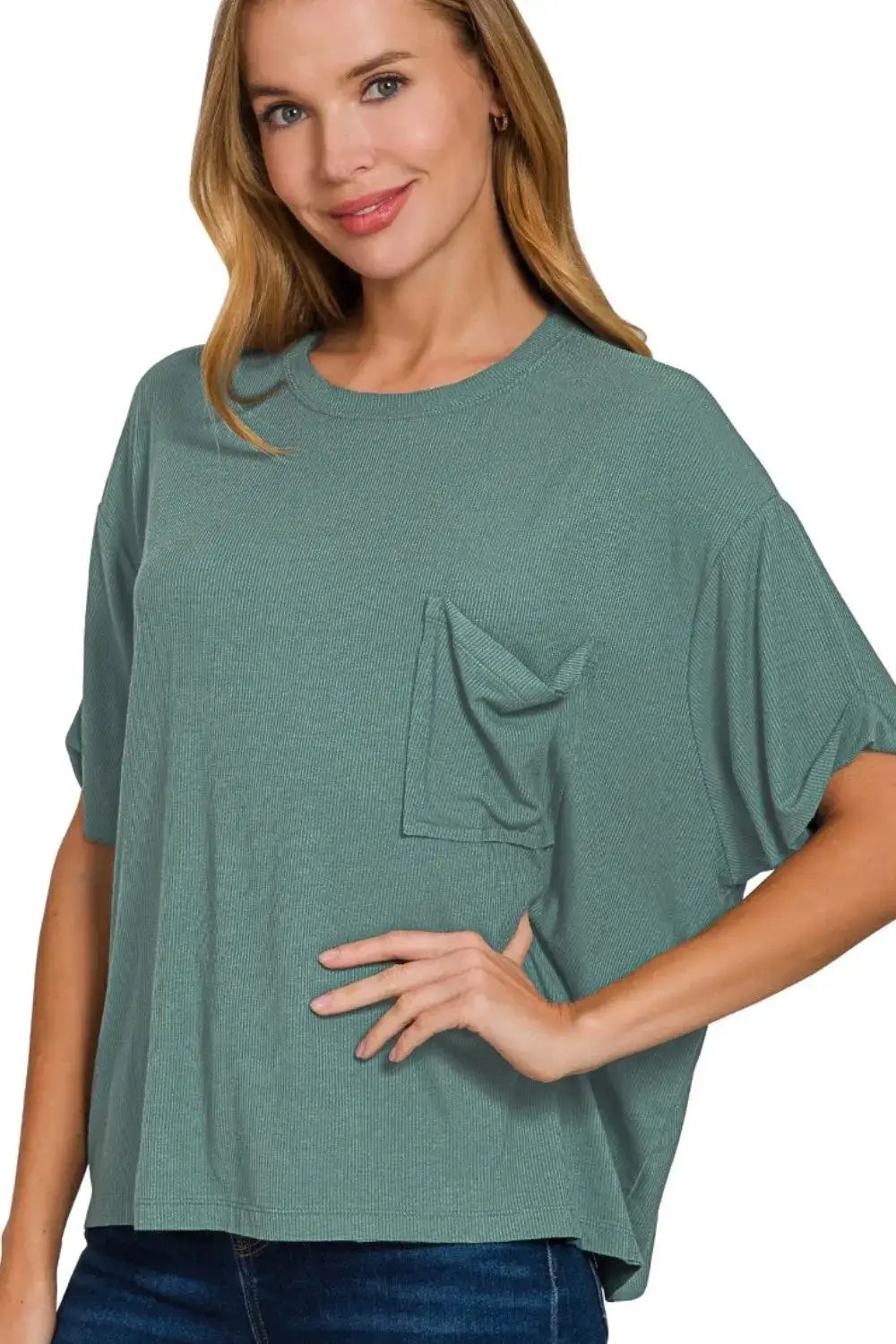 Zenana Oversized Ribbed Round Neck Short Sleeve Tee - ASH JADE / S