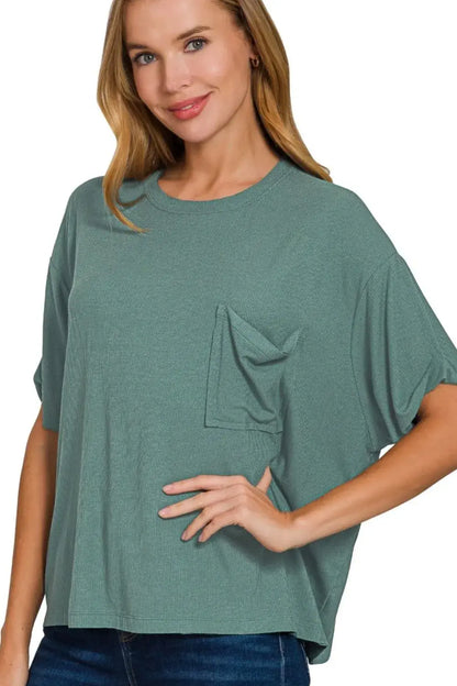 Zenana Oversized Ribbed Round Neck Short Sleeve Tee - ASH JADE / S