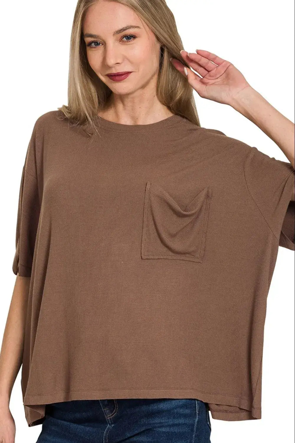 Zenana Oversized Ribbed Round Neck Short Sleeve Tee - BROWN / S - Short Sleeve Tee
