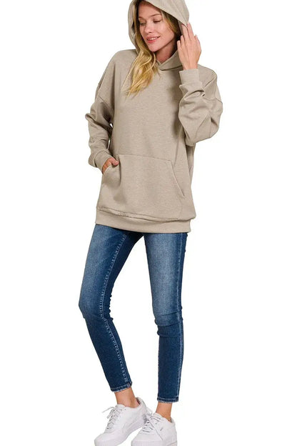 Zenana Oversized Scuba Hoodie with Kangaroo Pocket - ASH MOCHA / S/M
