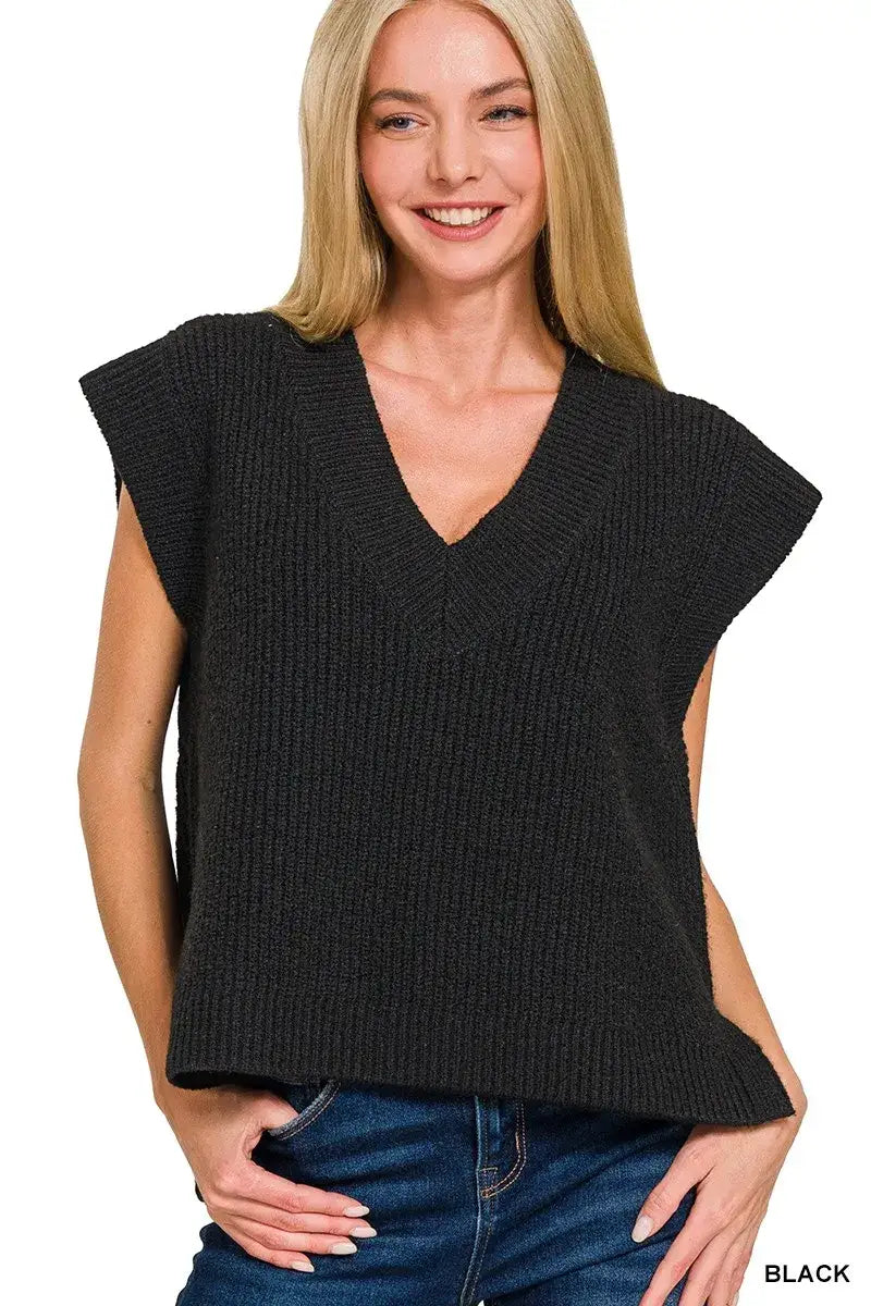 Zenana Oversized Sweater Vest with Side Slit - BLACK / S - Sweater Vest with Side Slit