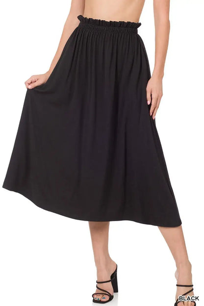 Black satin paperbag waist midi skirt with lace trim and elastic waistband