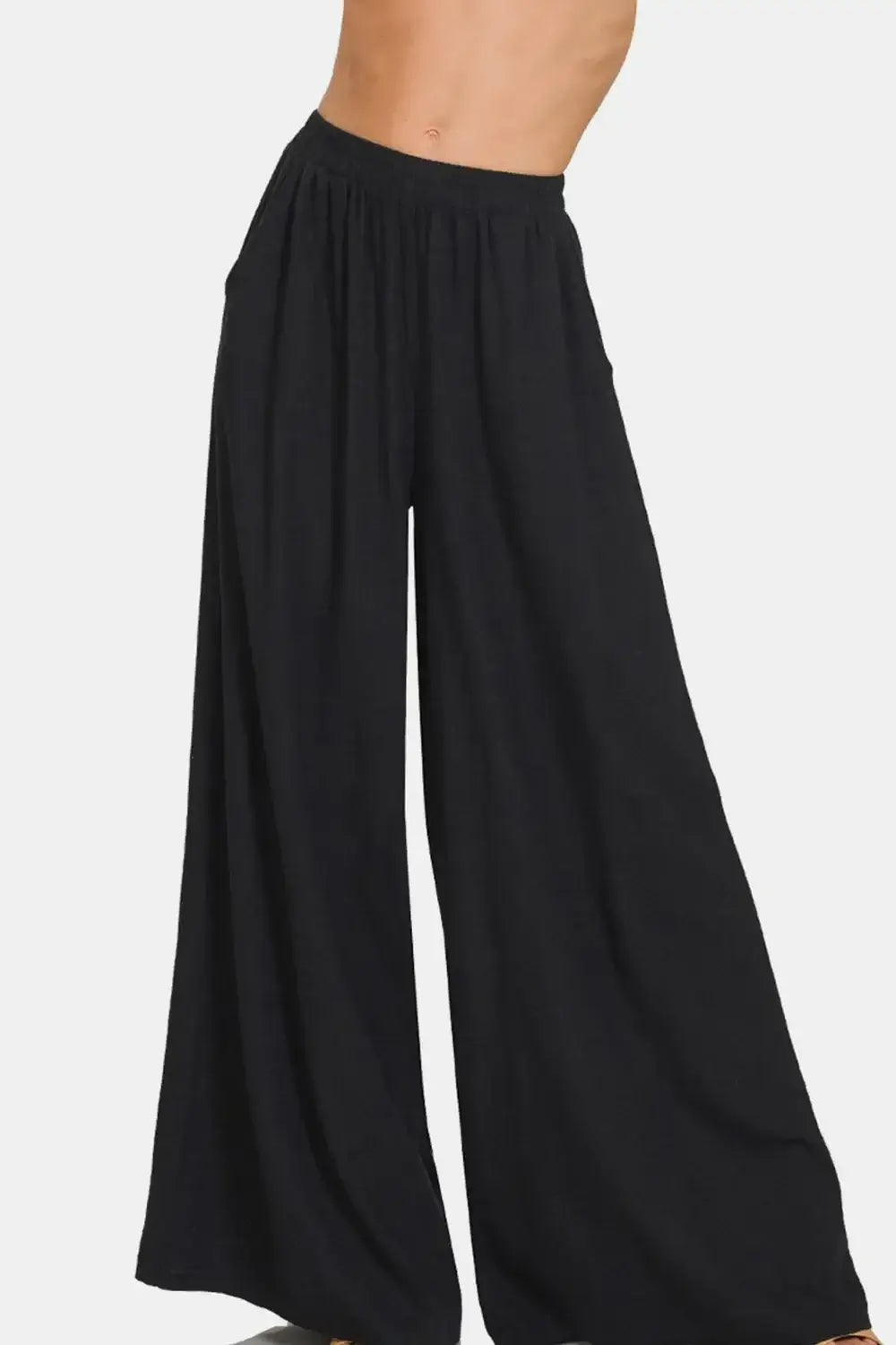 Zenana Pleated Linen Blend Wide Leg Pants - Black / S - Bottoms