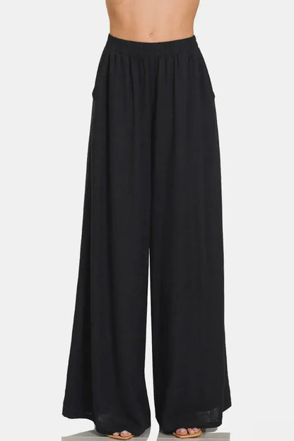 Zenana Pleated Linen Blend Wide Leg Pants - Bottoms