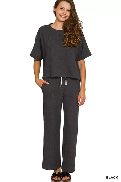 Zenana Raised Rib Short Sleeve Tee & Pants Set - BLACK / S - Short Sleeve Tee & Pants Set