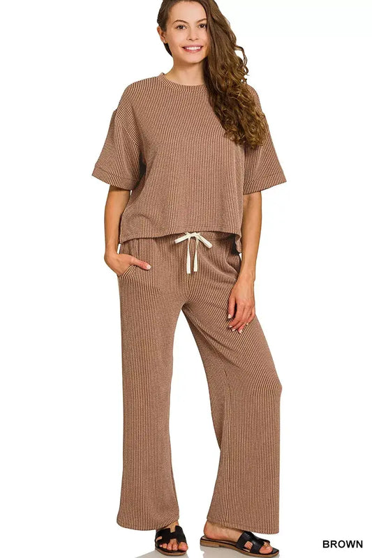 Zenana Raised Rib Short Sleeve Tee & Pants Set - BROWN / S
