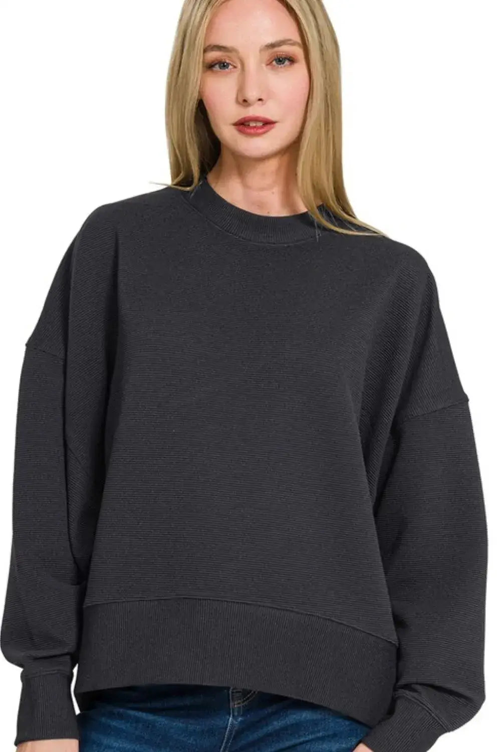 Zenana Ribbed Balloon Sleeve Sweatshirt - BLACK / S - Apparel & Accessories > Clothing > Shirts & Tops > Sweaters