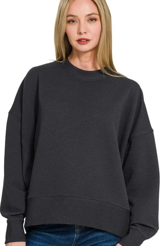 Zenana Ribbed Balloon Sleeve Sweatshirt - BLACK / S - Apparel & Accessories > Clothing > Shirts & Tops > Sweaters