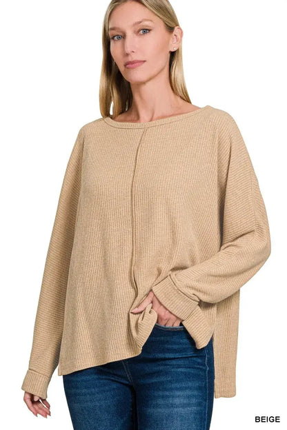 Zenana Ribbed Center Seam Dolman Sleeve Hi Low Sweater - BEIGE / S - Sleeve Hi Low Sweater