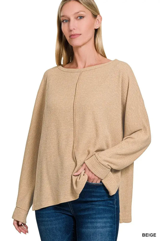 Zenana Ribbed Center Seam Dolman Sleeve Hi Low Sweater - BEIGE / S - Sleeve Hi Low Sweater