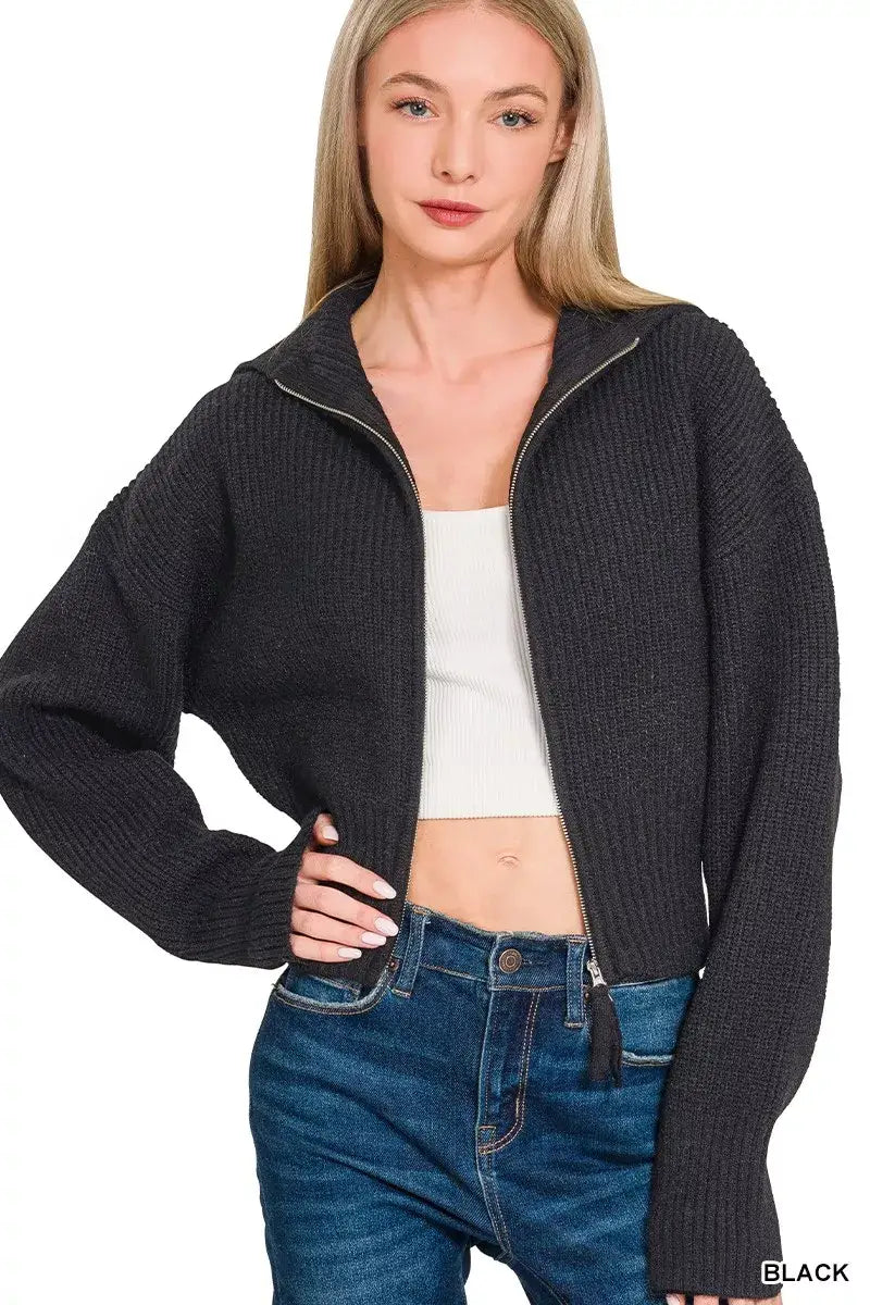 Zenana Ribbed Collared Zip Up Sweater Cardigan