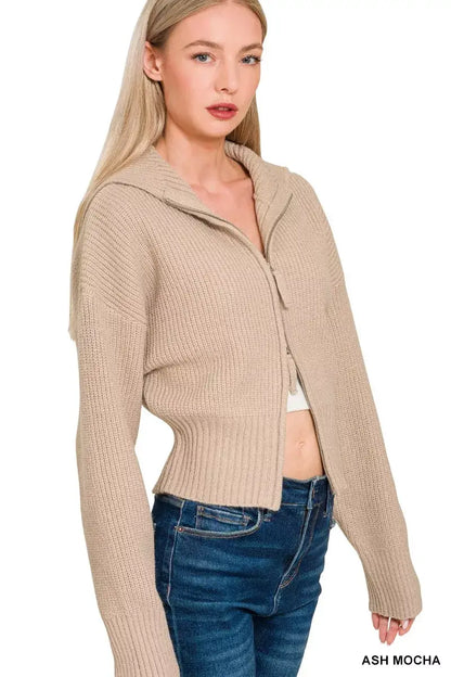 Zenana Ribbed Collared Zip Up Sweater Cardigan - Zip Up Sweater Cardigan