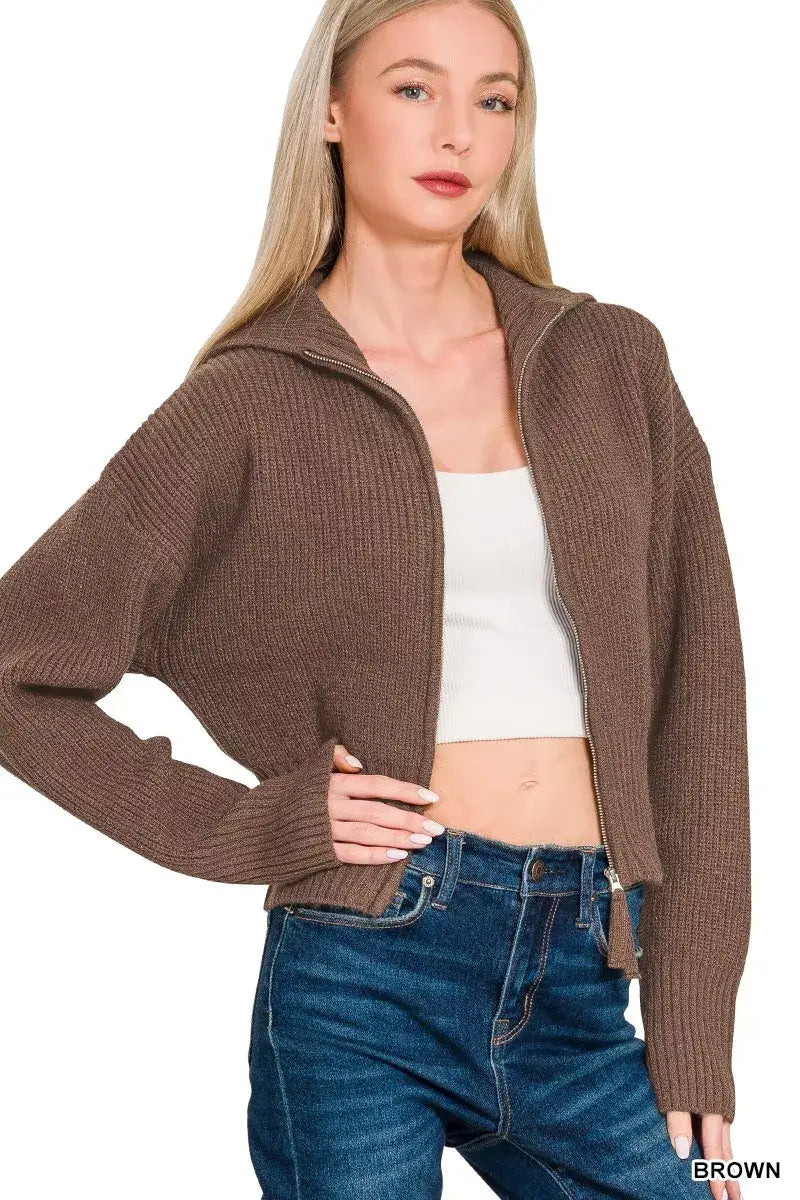 Zenana Ribbed Collared Zip Up Sweater Cardigan