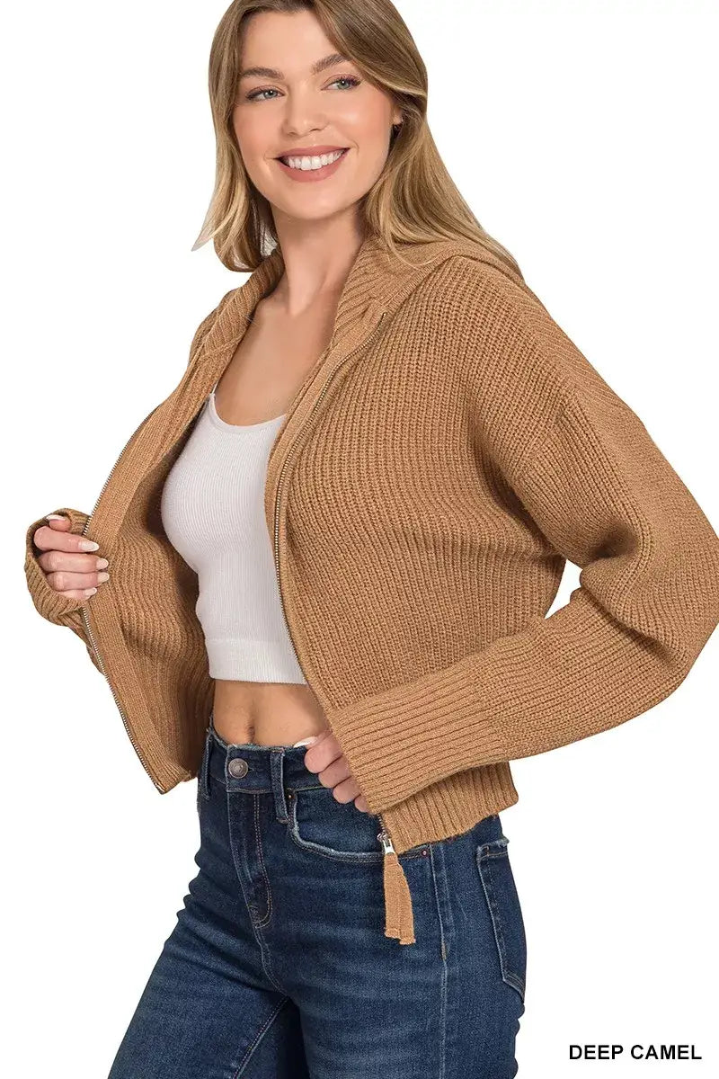 Zenana Ribbed Collared Zip Up Sweater Cardigan