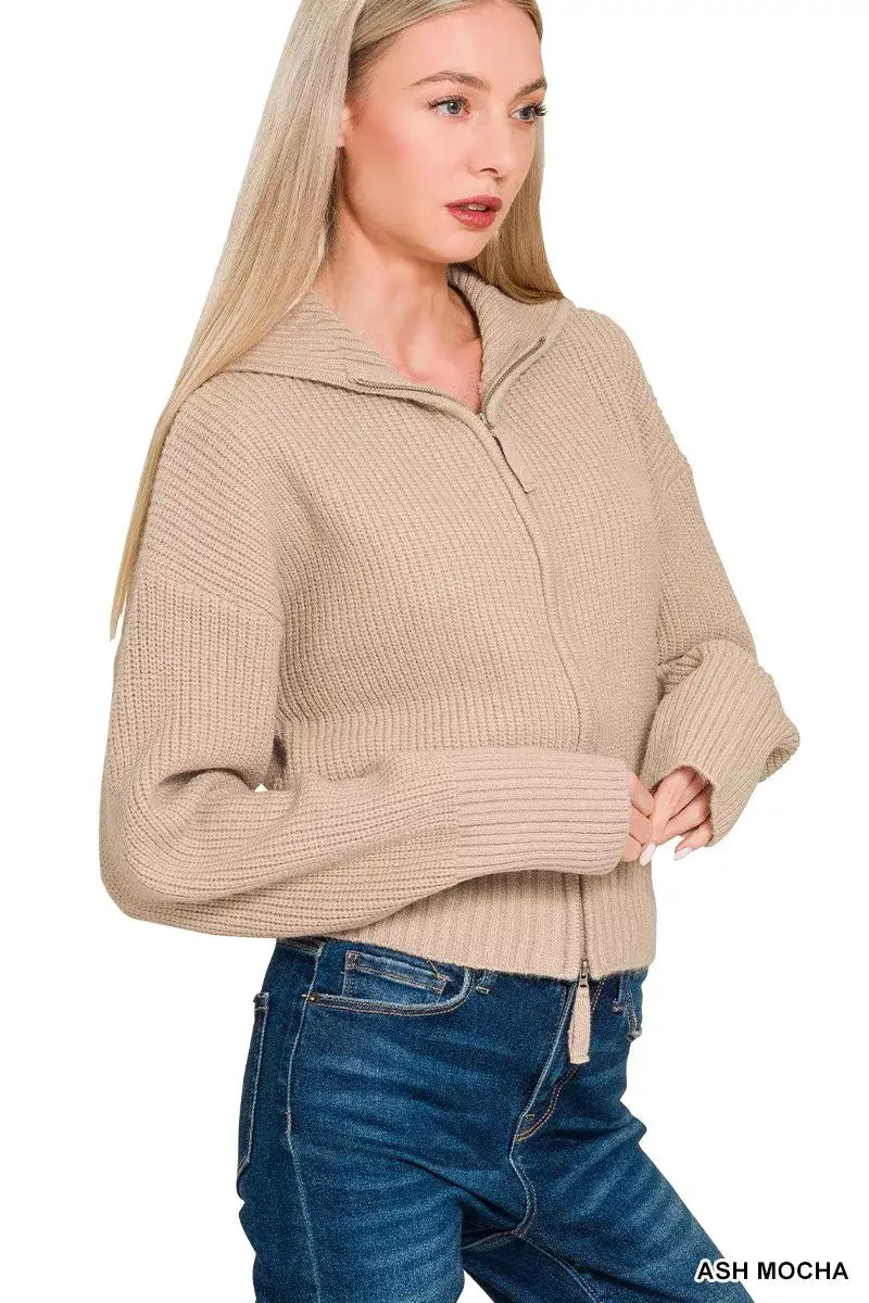 Zenana Ribbed Collared Zip Up Sweater Cardigan - Zip Up Sweater Cardigan