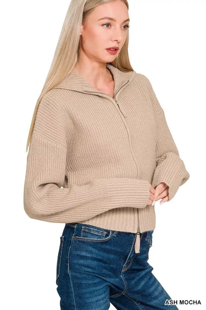 Zenana Ribbed Collared Zip Up Sweater Cardigan - Zip Up Sweater Cardigan