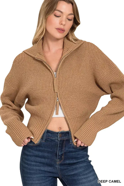 Zenana Ribbed Collared Zip Up Sweater Cardigan