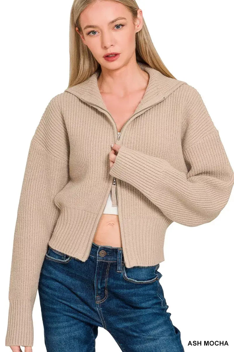 Zenana Ribbed Collared Zip Up Sweater Cardigan - ASH MOCHA / S - Zip Up Sweater Cardigan