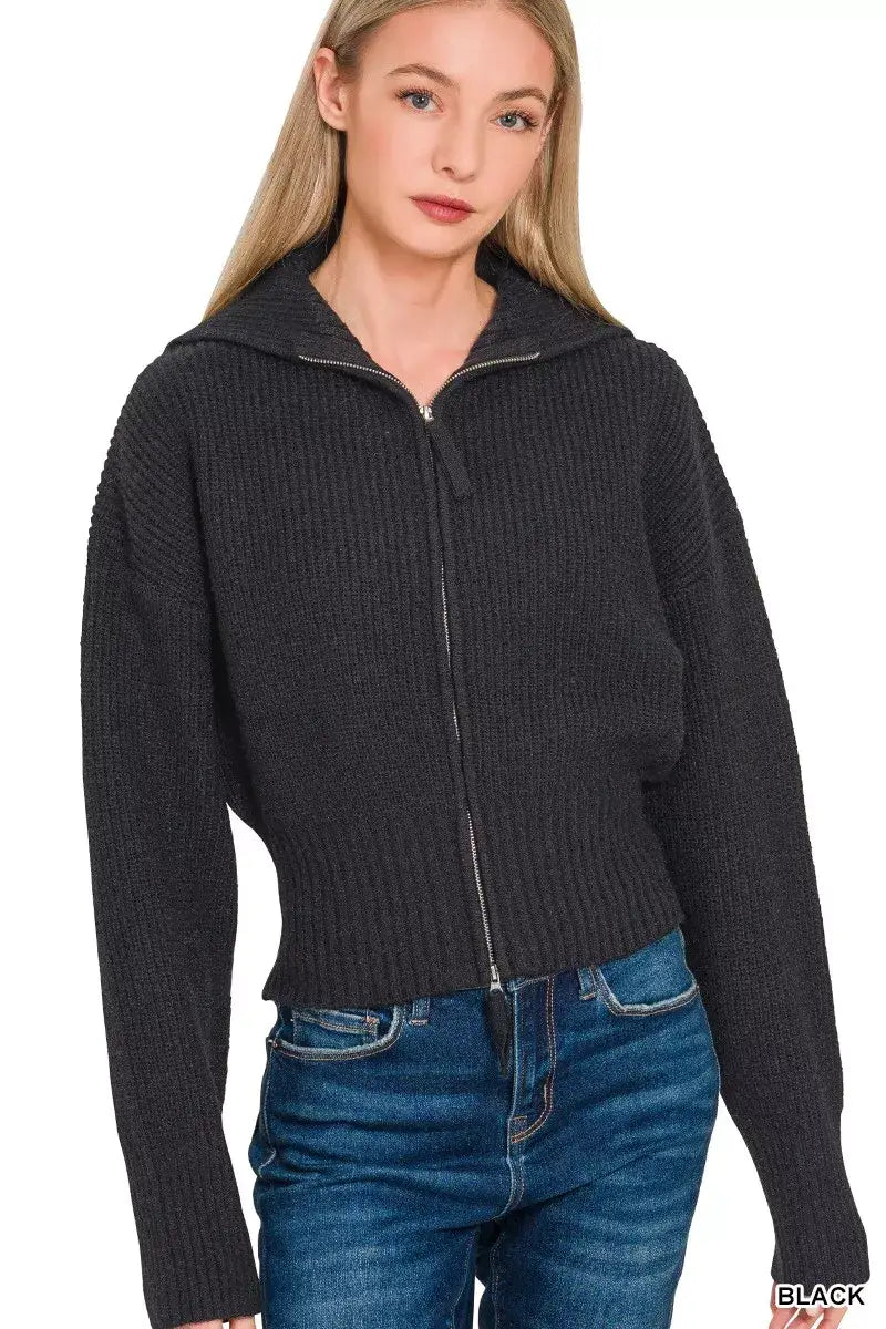 Zenana Ribbed Collared Zip Up Sweater Cardigan - BLACK / S