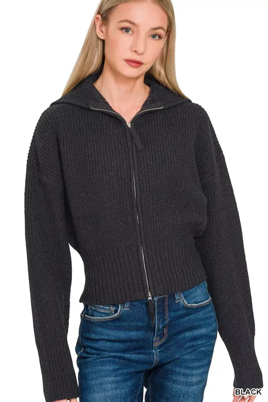 Zenana Ribbed Collared Zip Up Sweater Cardigan - BLACK / S