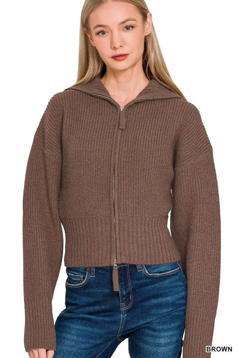 Zenana Ribbed Collared Zip Up Sweater Cardigan - BROWN / S