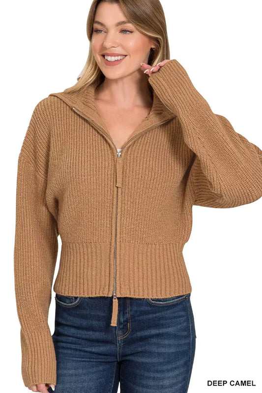 Zenana Ribbed Collared Zip Up Sweater Cardigan - DEEP CAMEL / S