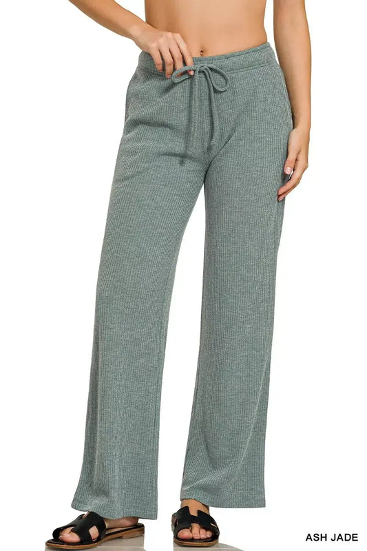 Zenana Ribbed Drawstring Lounge Pants - ASH JADE / S - Lounge Pants