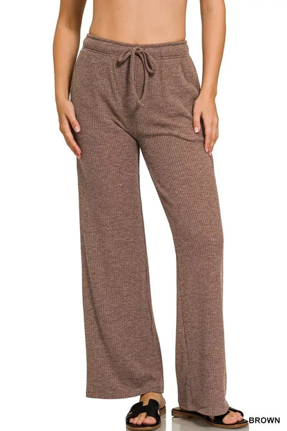 Zenana Ribbed Drawstring Lounge Pants - BROWN / S