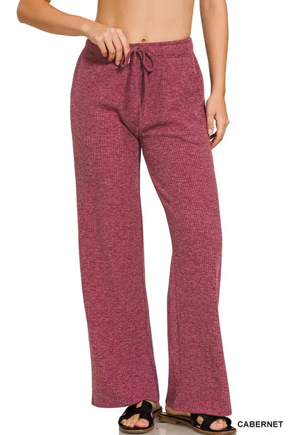 Zenana Ribbed Drawstring Lounge Pants - CABERNET / S - Lounge Pants