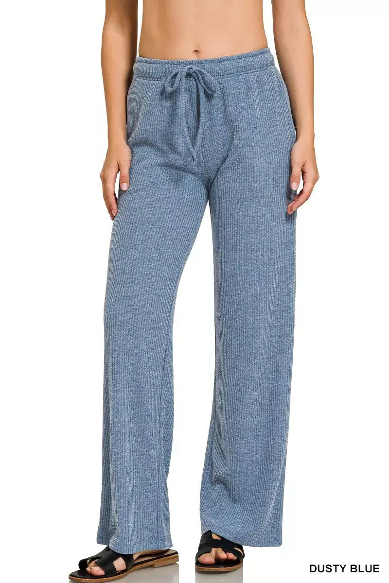 Zenana Ribbed Drawstring Lounge Pants - DUSTY BLUE / S - Lounge Pants