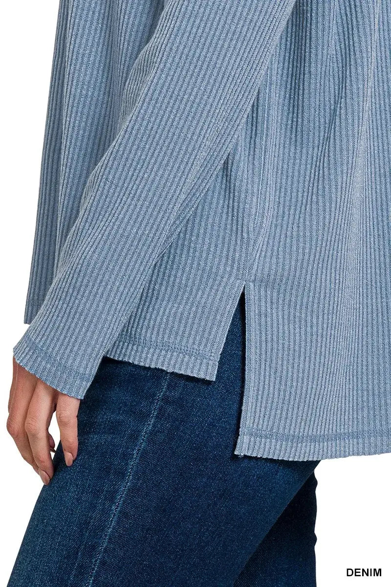 Zenana Ribbed Drop Shoulder Round Neck Sweater