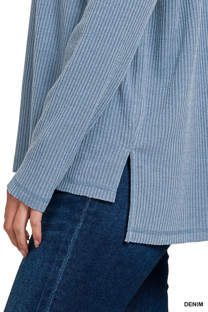 Zenana Ribbed Drop Shoulder Round Neck Sweater