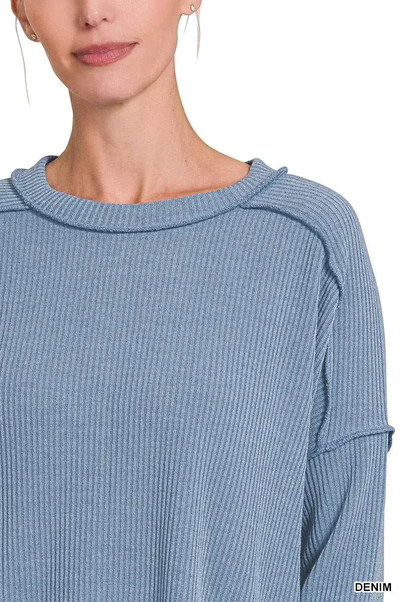 Zenana Ribbed Drop Shoulder Round Neck Sweater