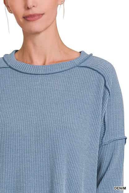 Zenana Ribbed Drop Shoulder Round Neck Sweater