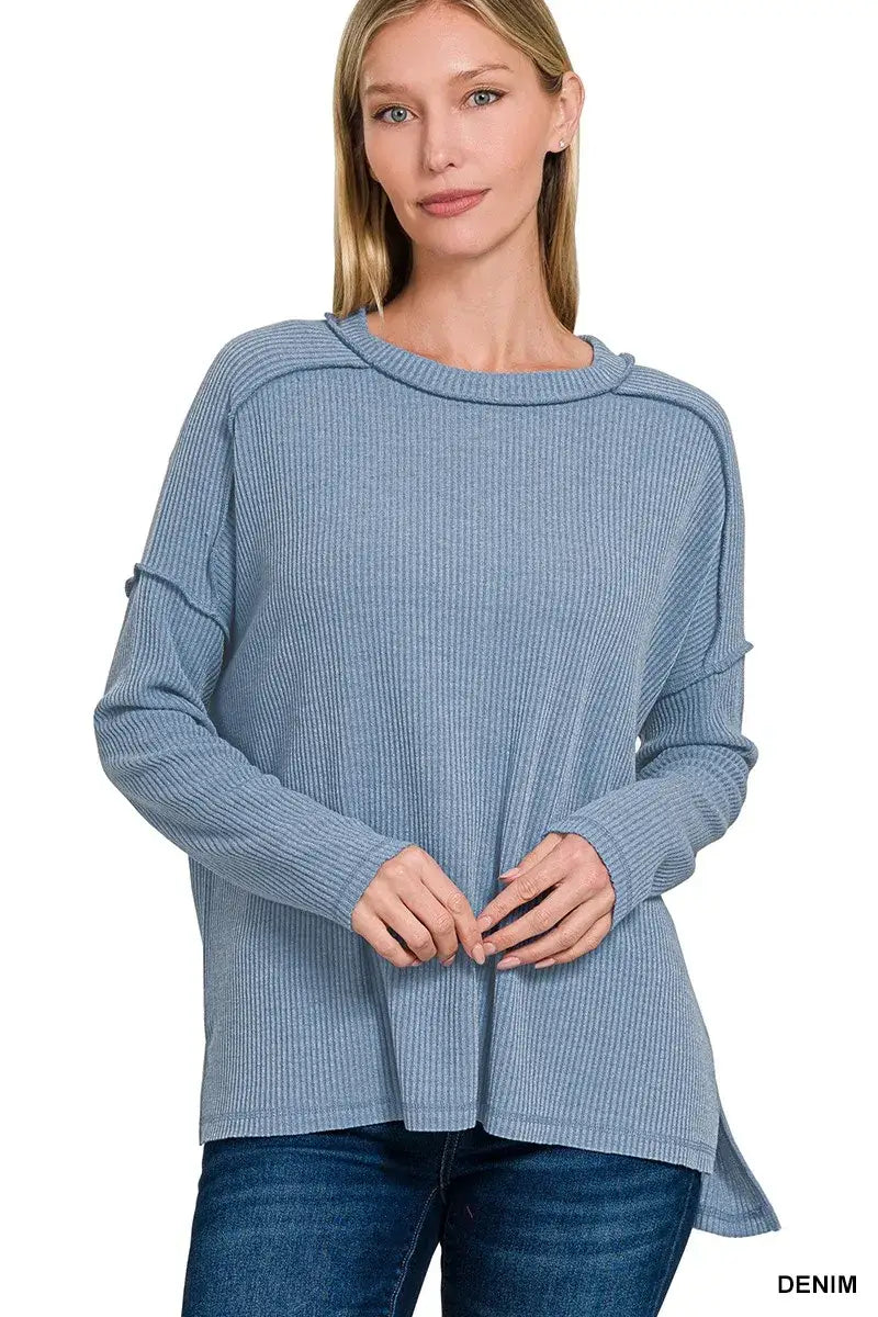 Zenana Ribbed Drop Shoulder Round Neck Sweater - DENIM / S/M