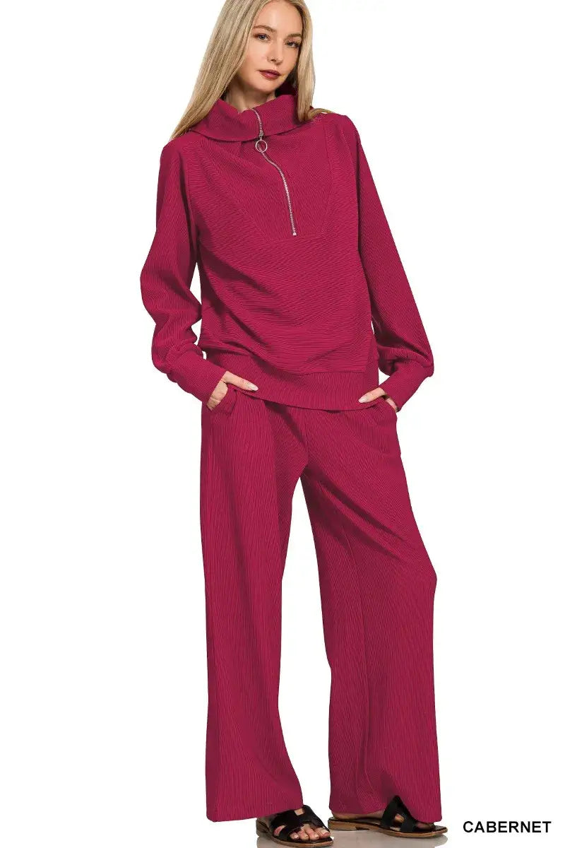 Zenana Ribbed High Neck Half Zip Pullover & Pants Set