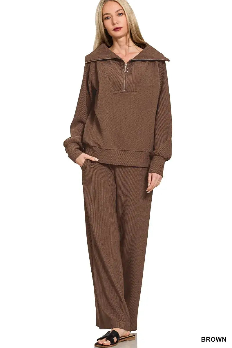 Zenana Ribbed High Neck Half Zip Pullover & Pants Set - Pullover & Pants Set