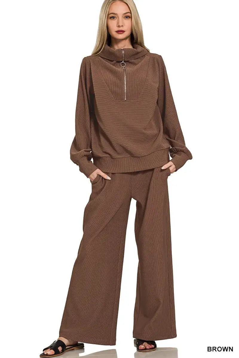 Zenana Ribbed High Neck Half Zip Pullover & Pants Set - BROWN / S - Pullover & Pants Set