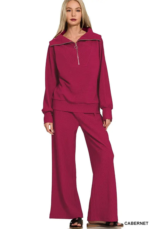 Zenana Ribbed High Neck Half Zip Pullover & Pants Set - CABERNET / S