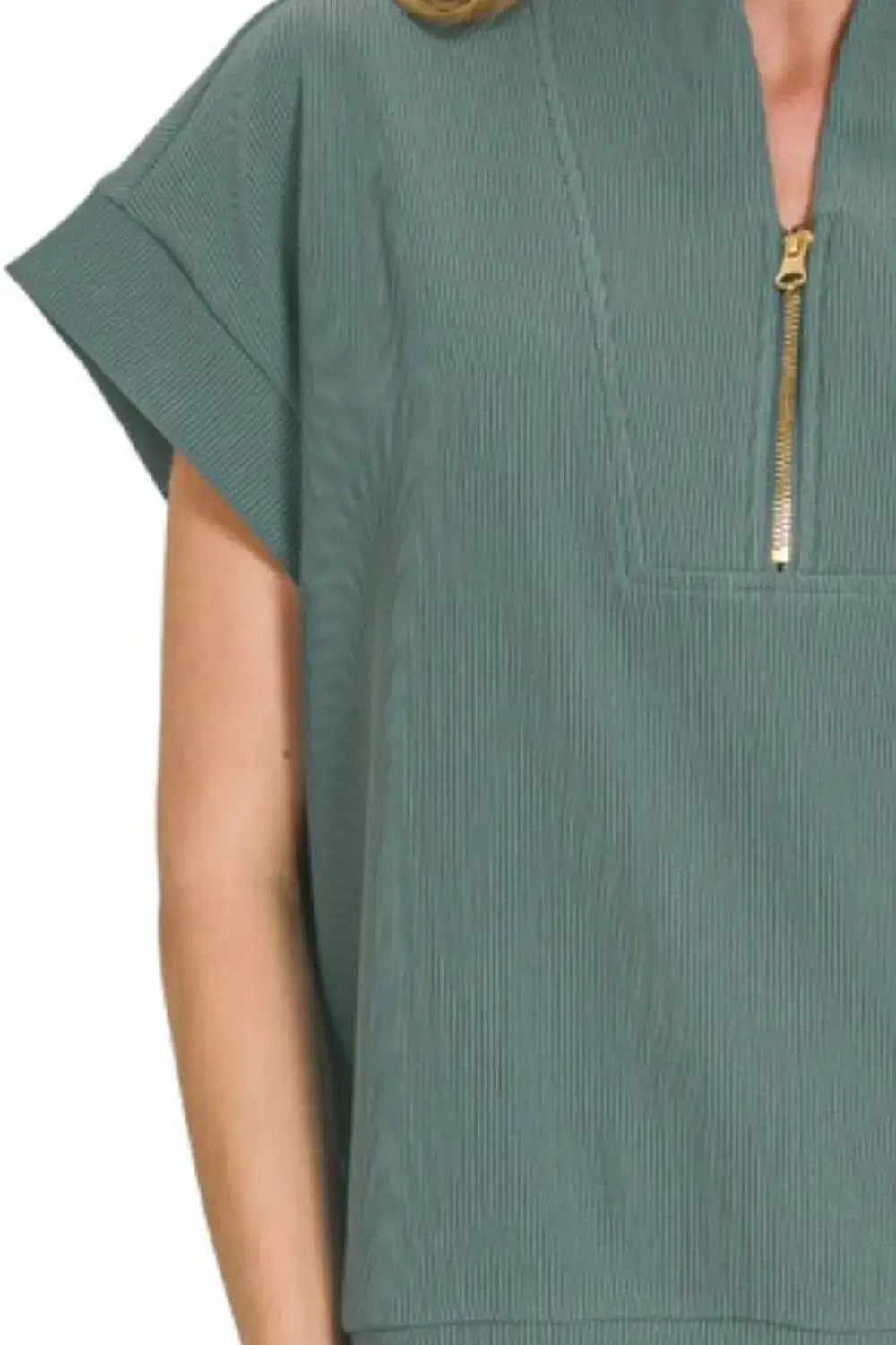 Zenana Ribbed High Neck Half Zip Top