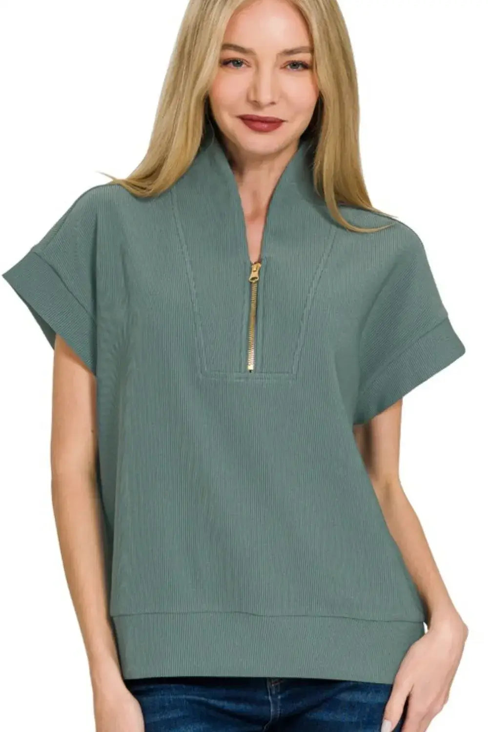 Zenana Ribbed High Neck Half Zip Top - ASH JADE / S/M
